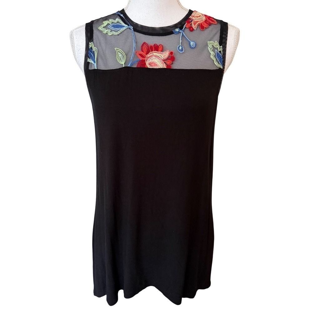 Kim & Cami Black Floral Embroidered High Low Hem Tank Top Women Medium